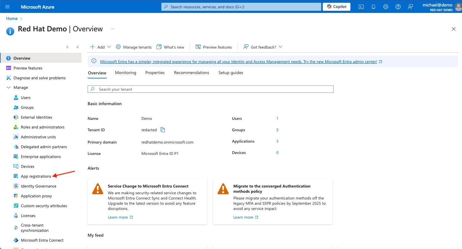 Azure Portal - Microsoft Entra ID with arrow pointing at the App registrations menu item