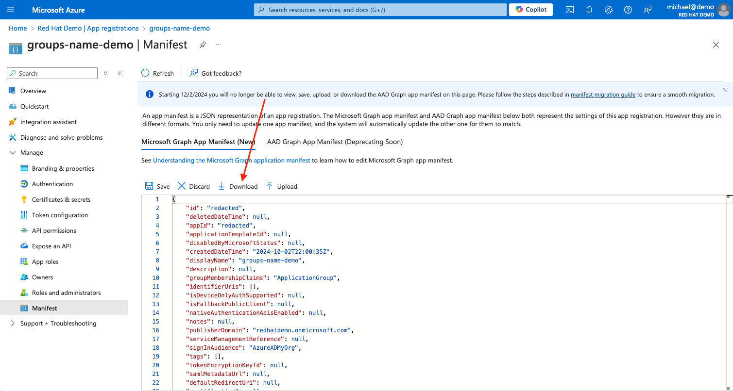 Azure Portal - App registration manifest with arrow pointing at the Download button