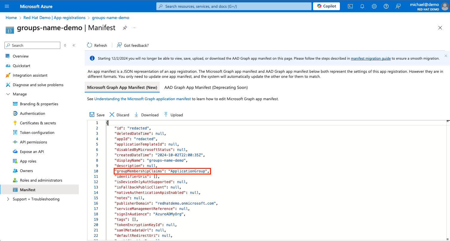 Azure Portal - App registration manifest with groupMembershipClaims value highlighted