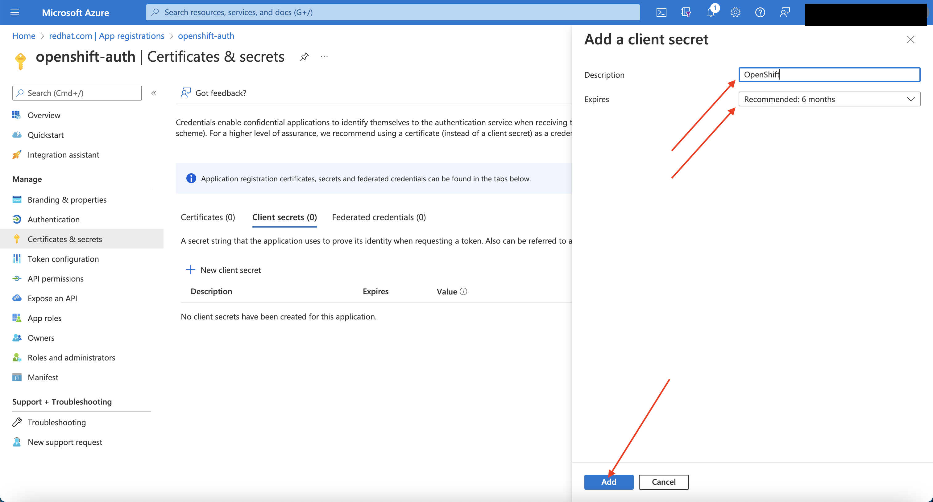 Azure Portal - Add a Client Secret page