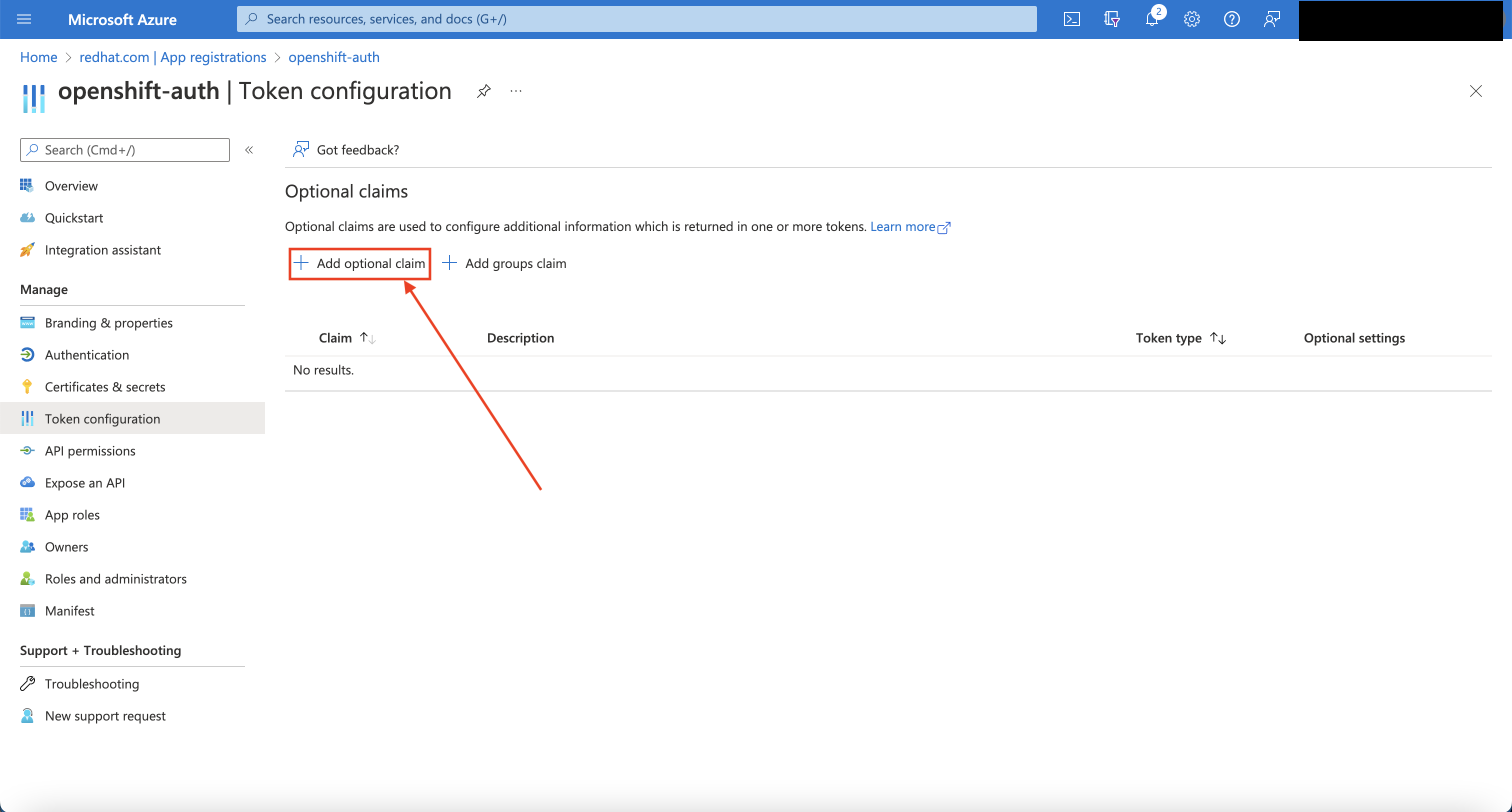 Azure Portal - Add Optional Claims Page