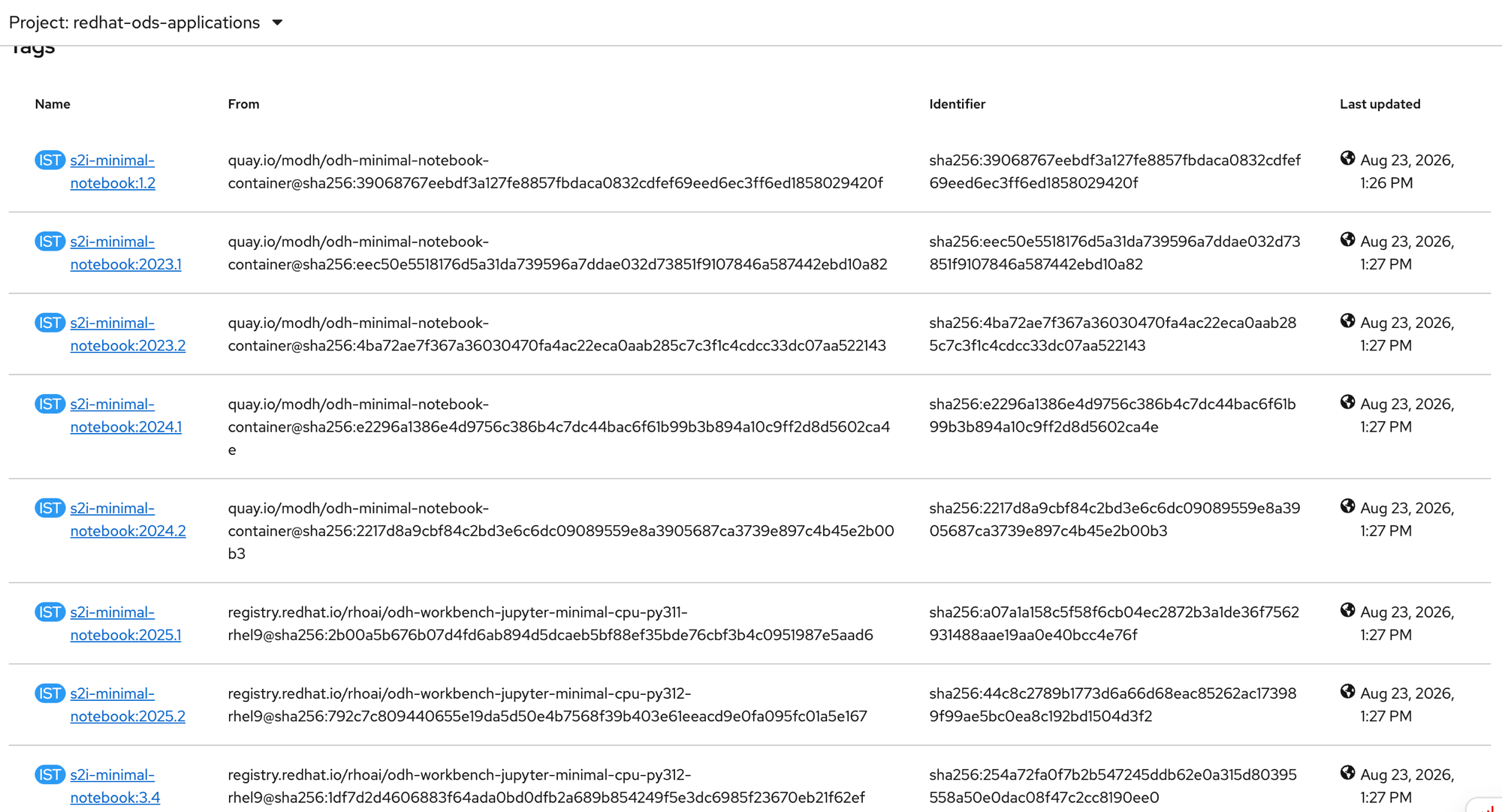 ImageStream tags after fix, all tags imported successfully