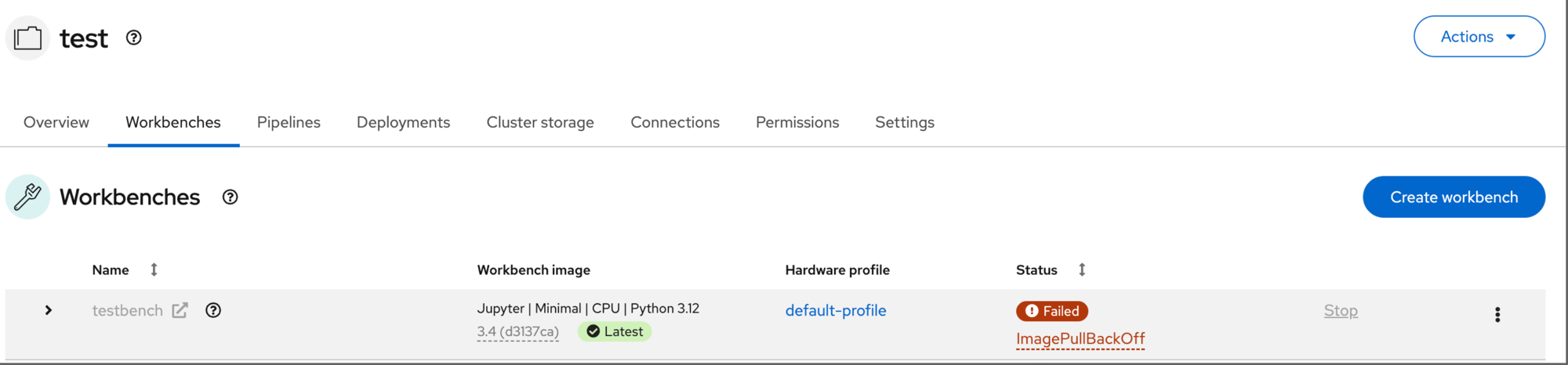 Workbench ImagePullBackOff in the OpenShift AI console