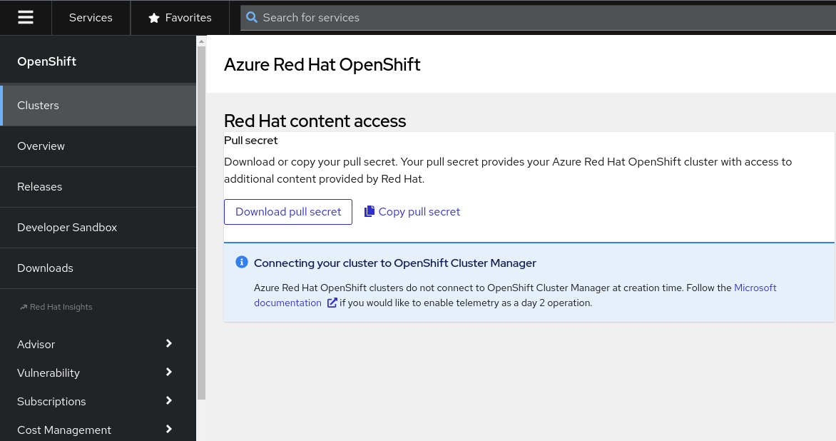 Microsoft Azure Red Hat OpenShift pull secret page in the Hybrid Cloud Console
