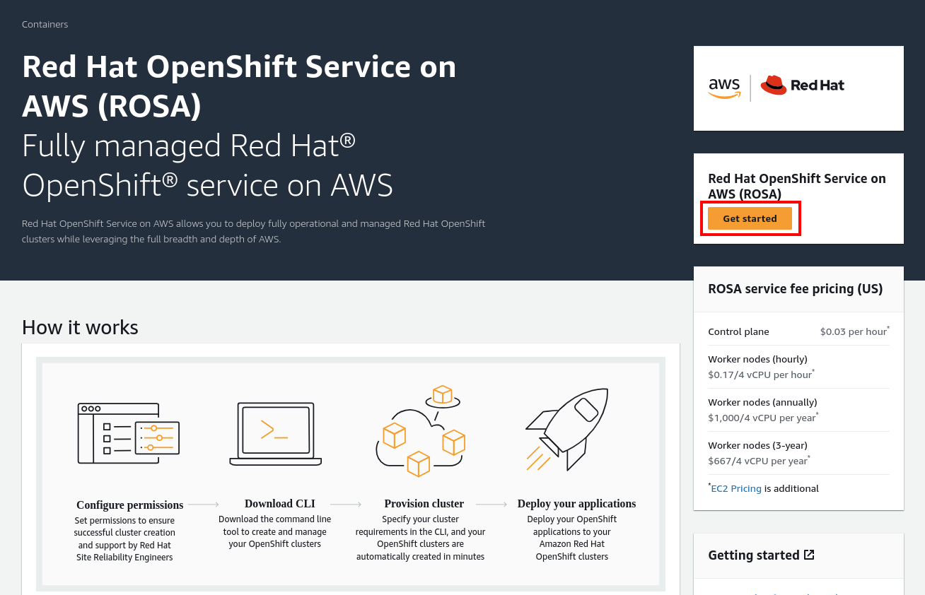 Orange "Get started" button displayed under the Red Hat OpenShift Service on AWS header on the AWS ROSA page.