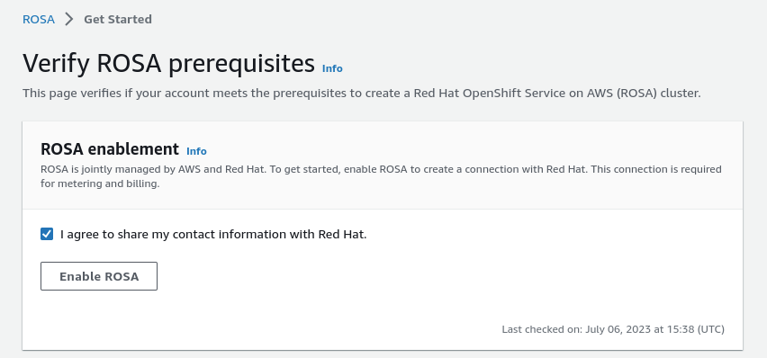 New page to enable ROSA on your AWS account.