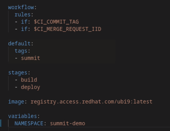 Example image of YAML configuration file showing workflow rules, default tags, stage options and variables.