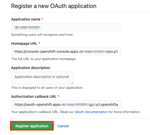 Screenshot of the form fields for registering a new OAuth application on Github with a red outline around the Register application button at the bottom of the screen