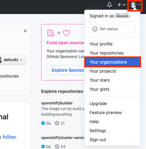 Screenshot of the dropdown menu on a user’s Github profile with a red outline around the third option titled “Your organizations”