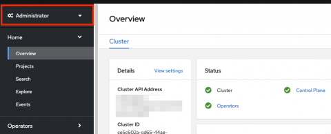 Screenshot of the OpenShift Cluster Manager user interface with a red outline around the Administrator menu in the left sidebar