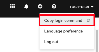 Screenshot of the username dropdown menu on OpenShift Cloud Manager with a red outline around the first option, “Copy login command”