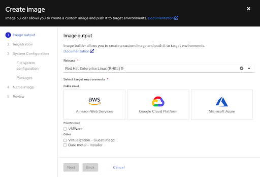 A pop-up window with selectable options for uploading images to AWS, Google Cloud Platform, and Microsoft Azure. 
