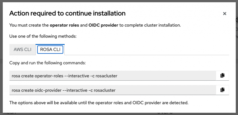 Pop up for creating operator roles and OIDC provider