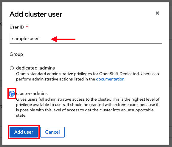 Screenshot of the form fields for adding a cluster user on OpenShift Cluster Manager with red outlines around the “cluster-admins” Group option and the “Add user” button