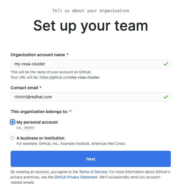 Screenshot of the form fields for setting up a new organization on Github
