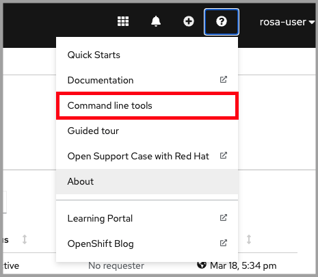 View of Red Hat console page with question mark icon clicked and menu highlighted to show ‘command line tools’ download option.