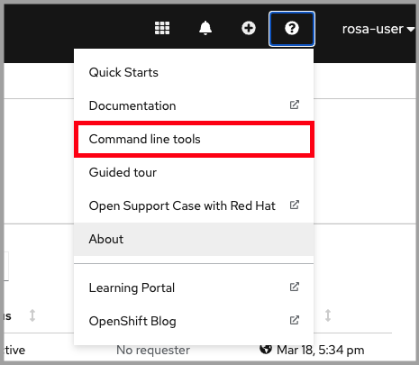 View of Red Hat console page with question mark icon clicked and menu highlighted to show ‘command line tools’ download option. 