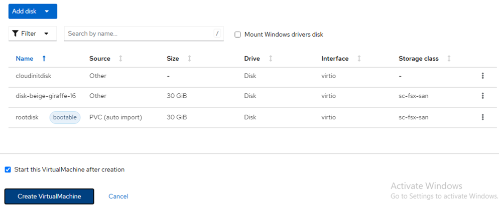 Figure 10: screen shot showing the "start this VM after creation" button highlighted above the "create VM" button in lower left