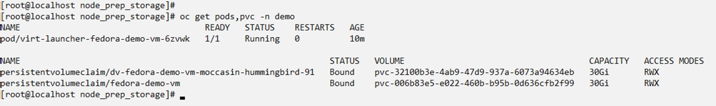 Figure 12: command # oc get pods, pvc -n demo results in ready, status, restart, and age information