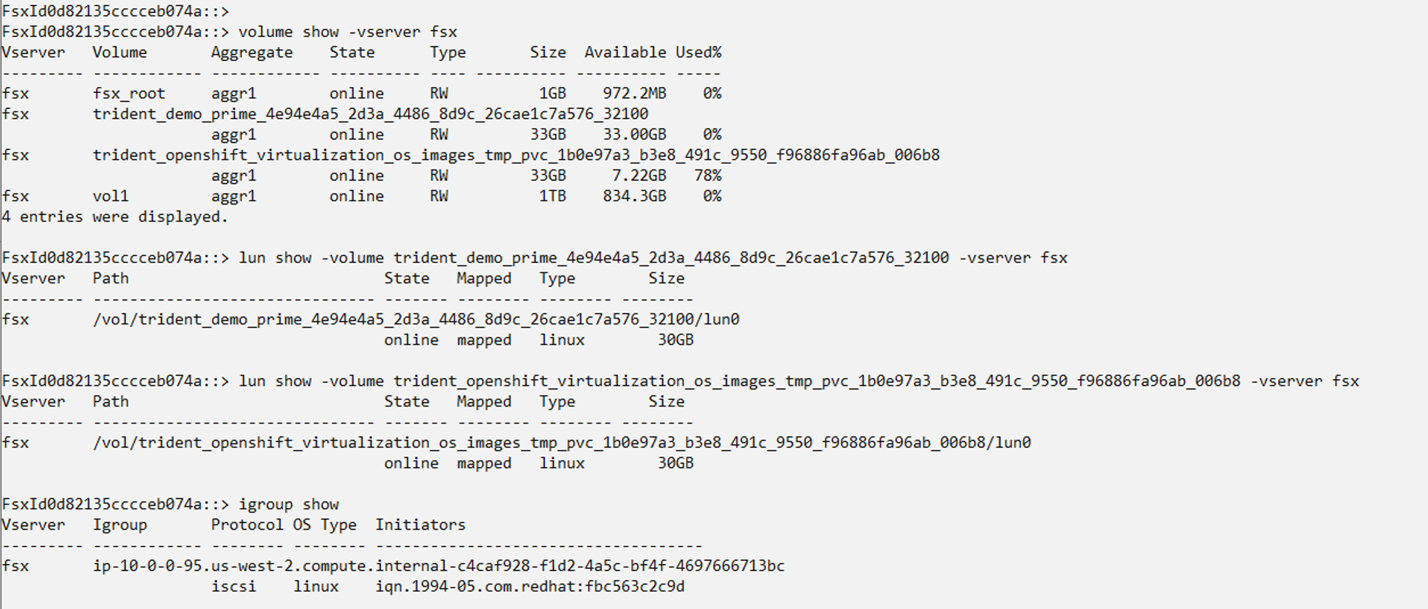 Figure 13: lun show command being run to reflect the vserver path and groups to verify that each volume is corresponding to the correct disk PvCs.