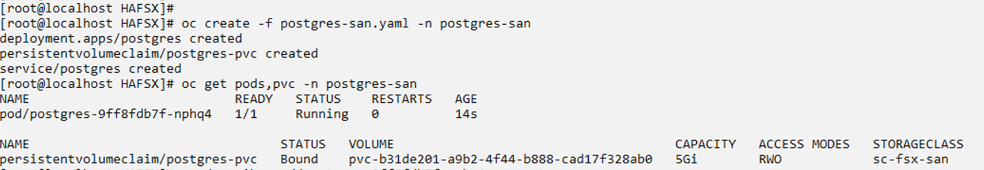 Figure 1: command #oc create -f postgres-san.yaml is returned with name, ready, status, restarts, age columns. Status result for persistentvolumeclaim/postgres-pvc shows Bound.