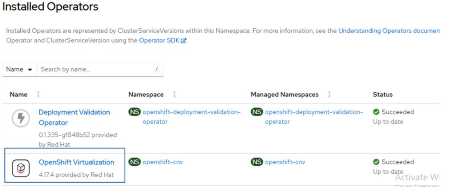 Figure 2: screenshot of the Installed Operators selection, with OpenShift Virtualization highlighted and selected on the bottom left 