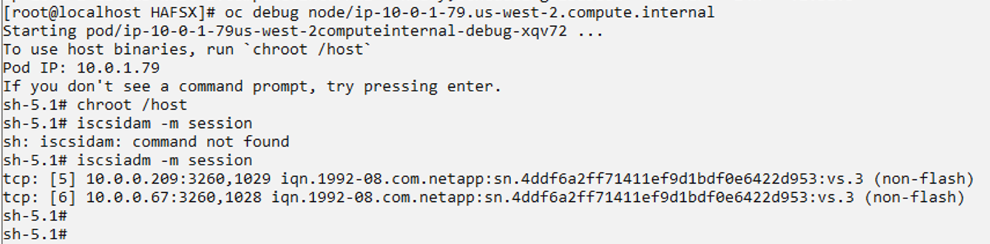 Figure 3: Screenshot of command line interface showing the oc debug command being applied to the node, with results showing that an iSCSI session is currently running on it.