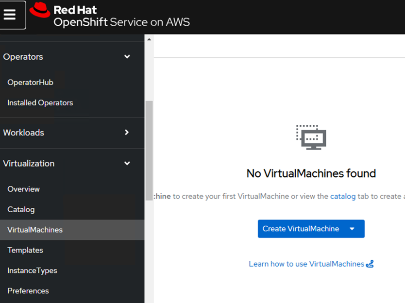 Figure 3: shows the VirtualMachines screen under "Virtualization" with confirmation that there are no VMs running on the cluster