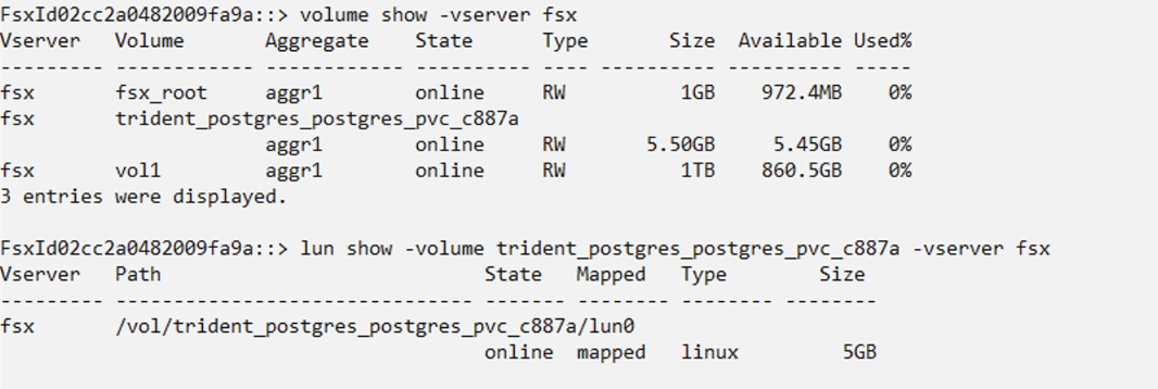 Figure 4: screenshot shows the volumes and luns belonging to the vserver fsx.