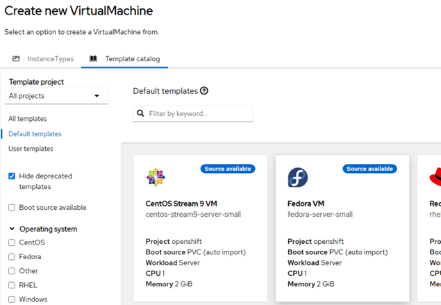 Figure 5: screenshot of Create new VirtualMachine template catalog, highlighting Fedora VM