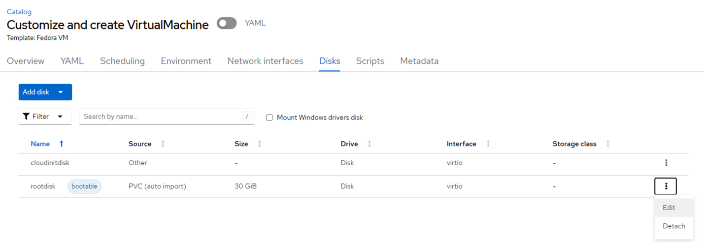 Figure 7: screenshot showing the edit options under the disk tab, including name, source, size, drive, interface, and storage class