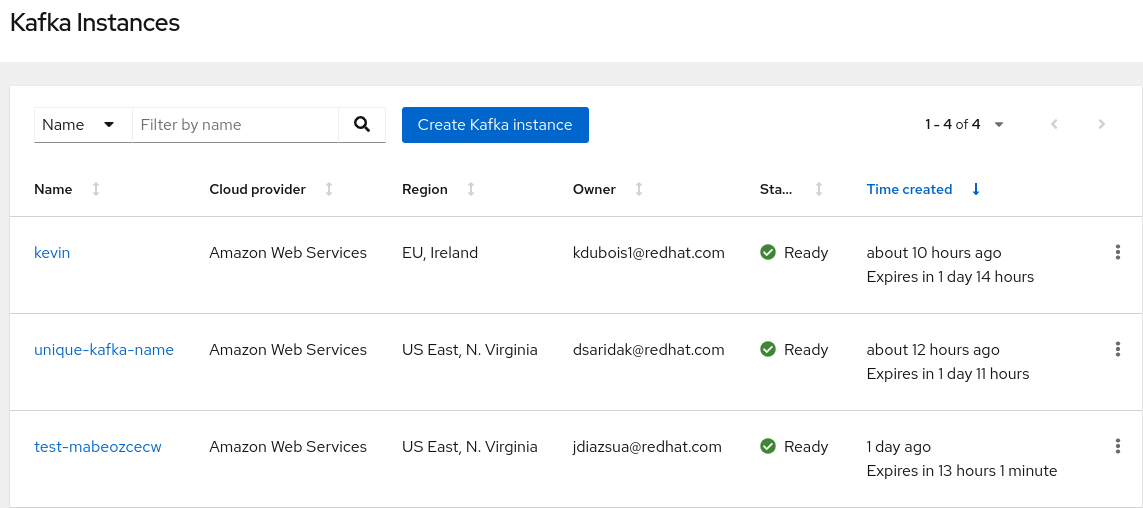 Kafka instance page on Red Hat console displaying names and cloud providers of created instances