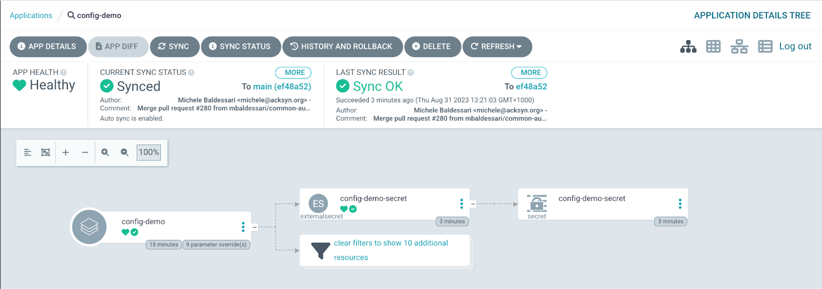 The Argo CD hub application screen (config-demo) shows that the secrets have been loaded