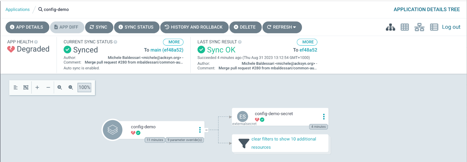 The Argo CD hub application screen (config-demo) shows that the secrets have not been loaded