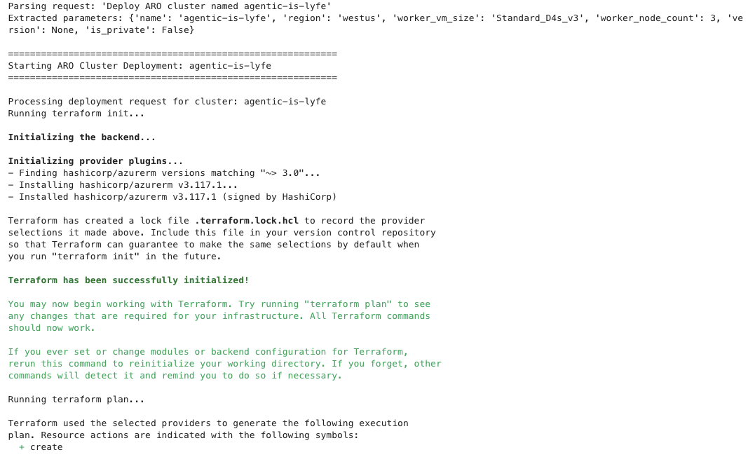 Re-run deployment denoting that Terraform was successfully initialized and the plan is running.