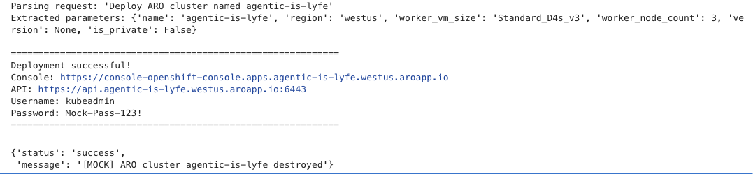 Console code showing “Deployment successful!” message reflecting the mock cluster as being created.
