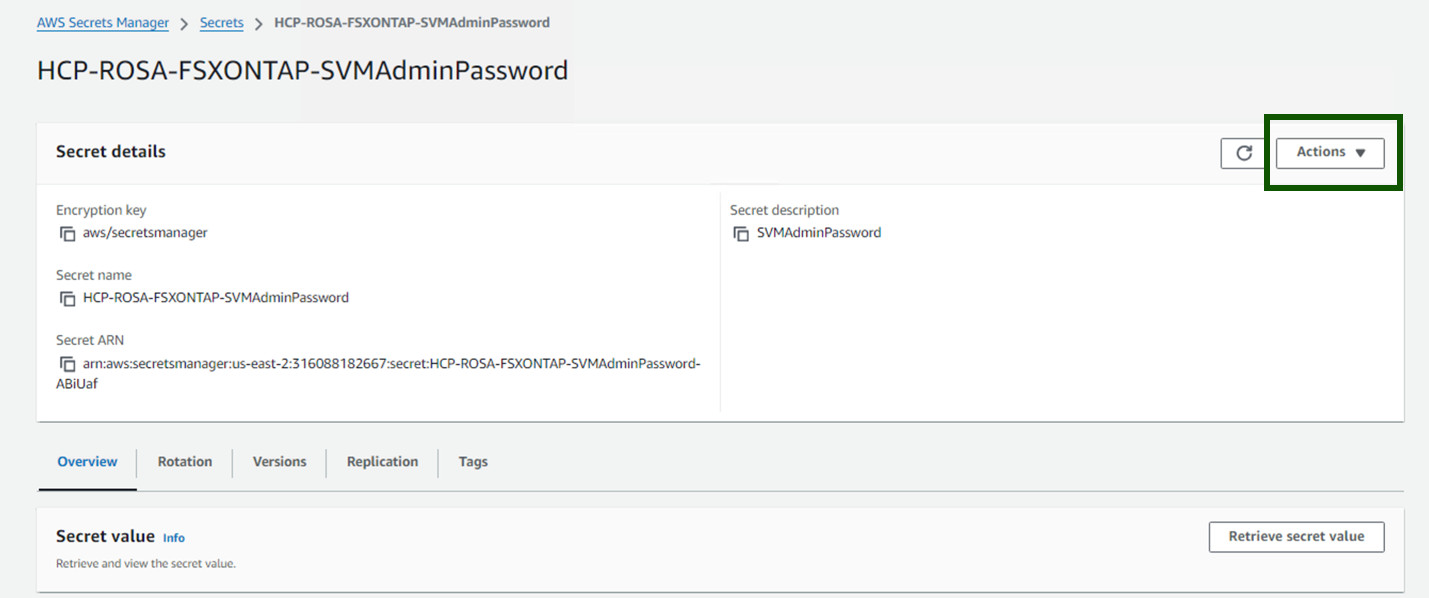 AWS secrets manager page with Actions dropdown menu highlighted. 