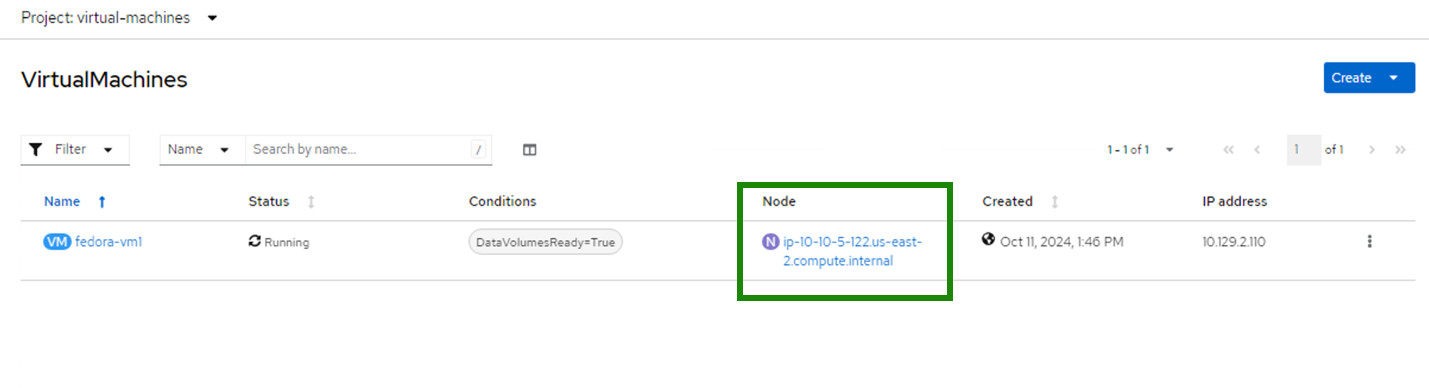 VirtualMachines screen in console with running node highlighted for emphasis. 