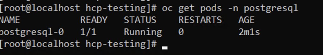 Command line showing running status for postgresql-0