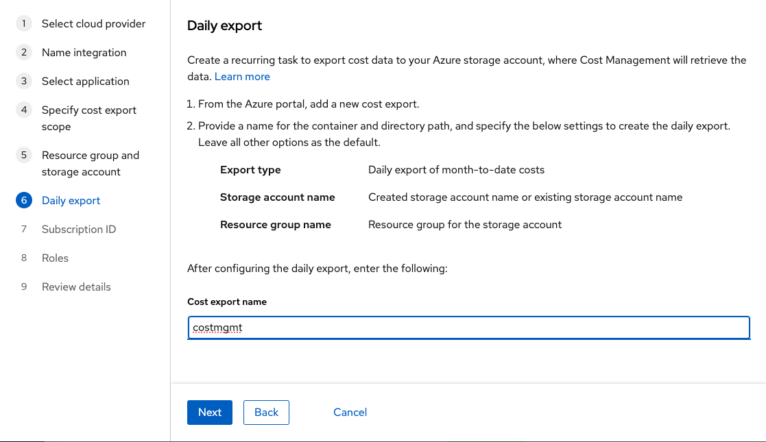 Cost export name in the cloud integration wizard