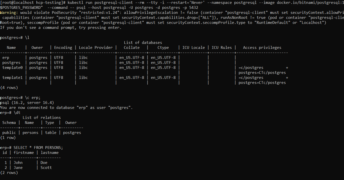 Container console showing restored database. 