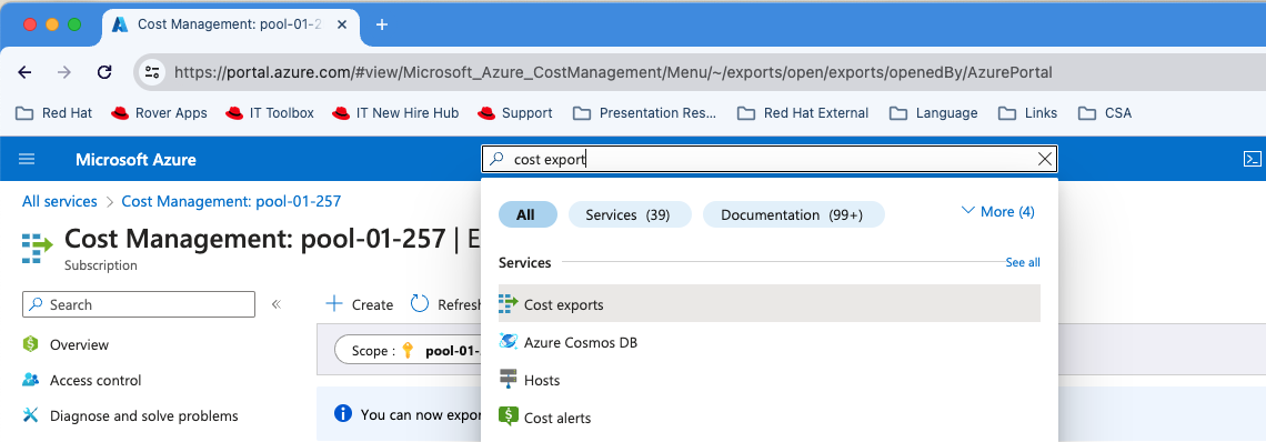 Azure Portal search bar showing "cost export"