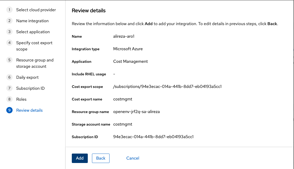 Review details screen in the cloud integration wizard