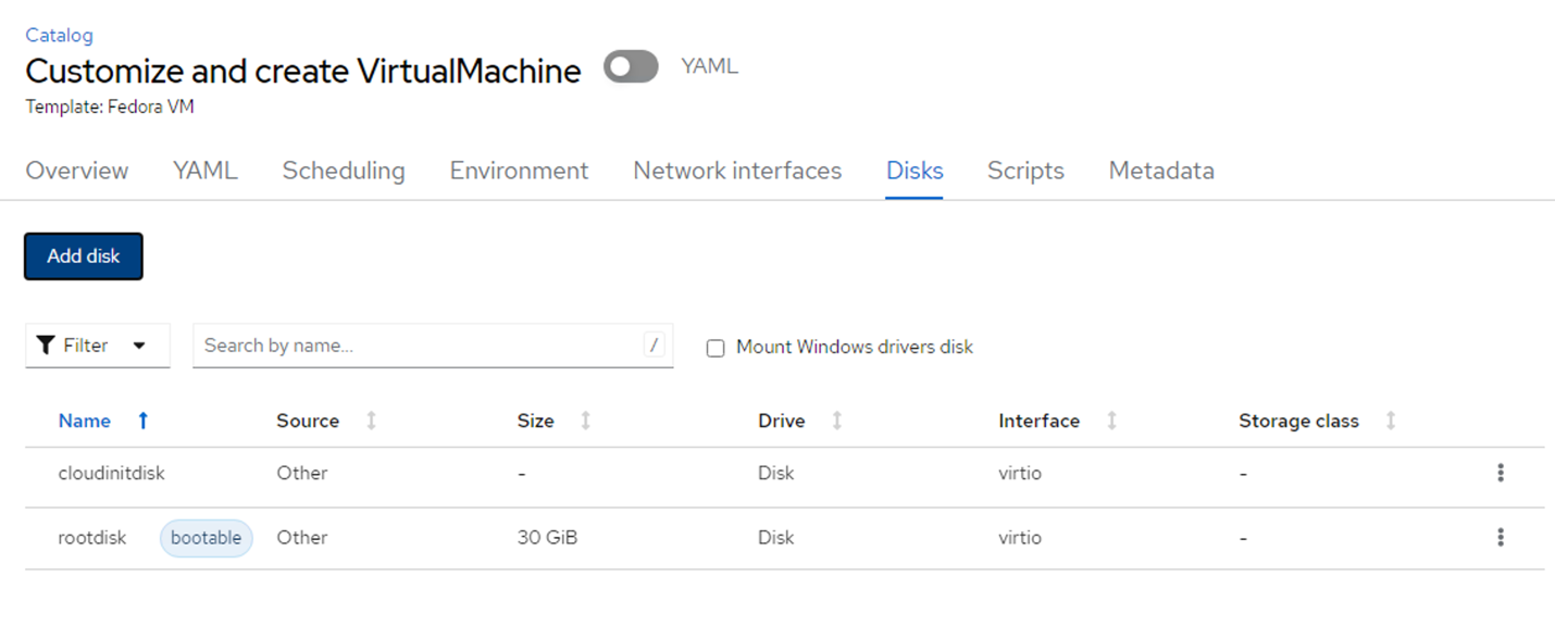 Red Hat Console virtual machine screen with Disks tab selected. Add disk button is in upper left of page. 