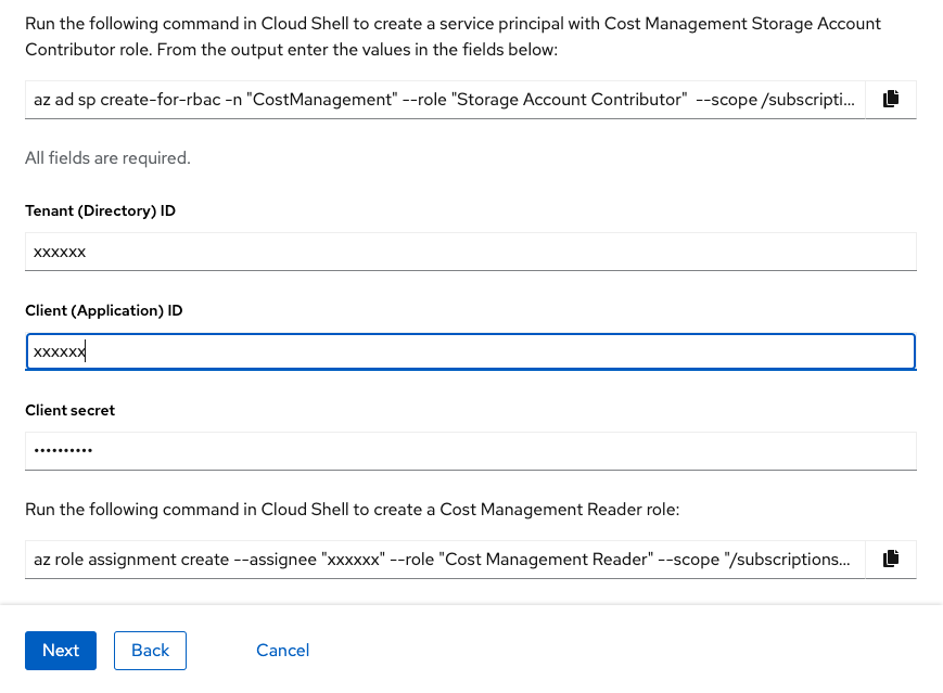 Tenant ID, Client ID and Secret values in the cloud integration wizard