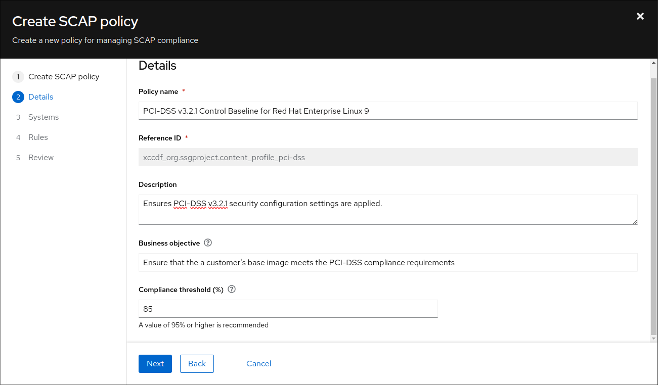 Screenshot of policy creation