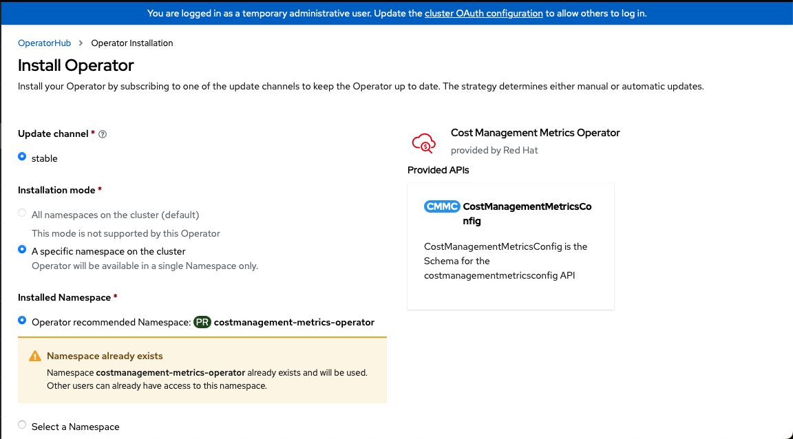 Installation wizard for Cost Management Metrics Operator with namespace defined