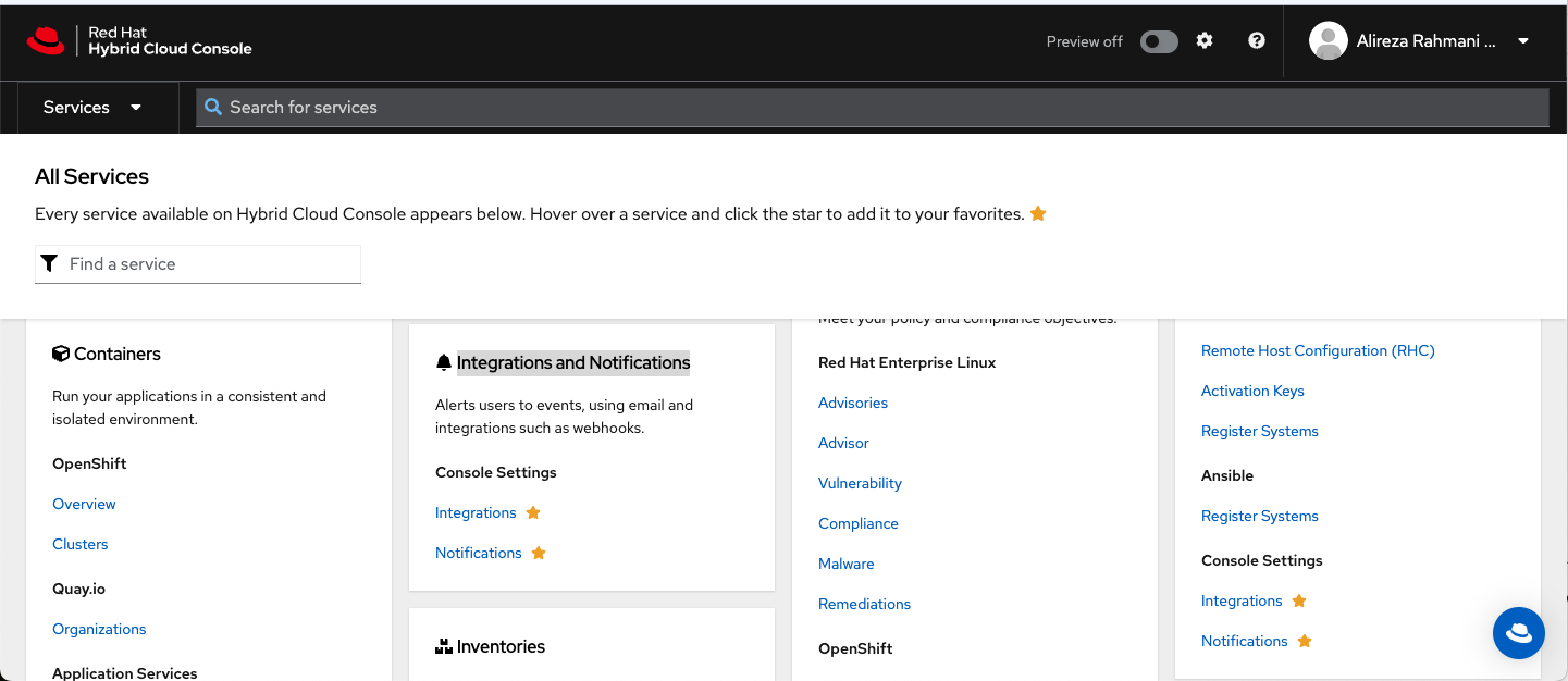 All Services in the Hybrid Cloud Console, with Integrations and Notifications highlighted 