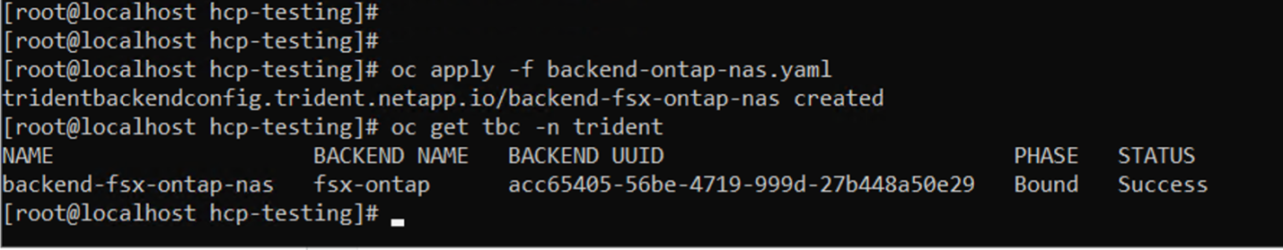 Returned command line results showing the backend-fsx-ontap-nas object as Bound and Success.