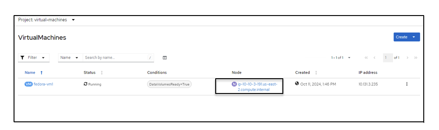 VirtualMachines tab with node highlighted to show a different name reflecting the migrated status. 